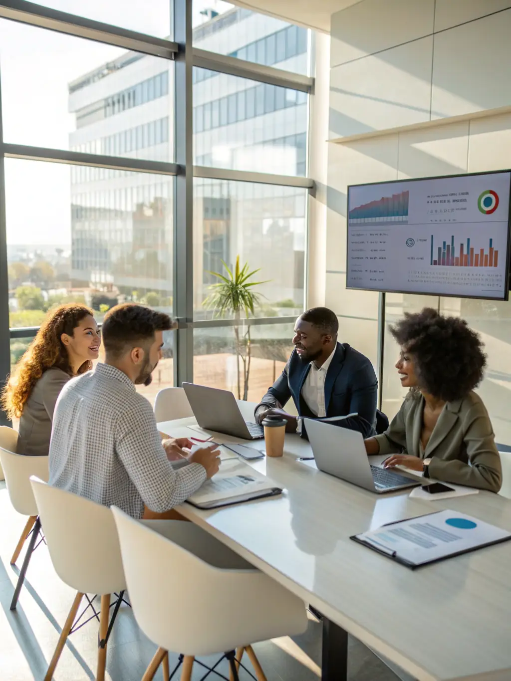A diverse team of consultants collaborating on a business strategy in a collaborative workspace, representing integrated business solutions.