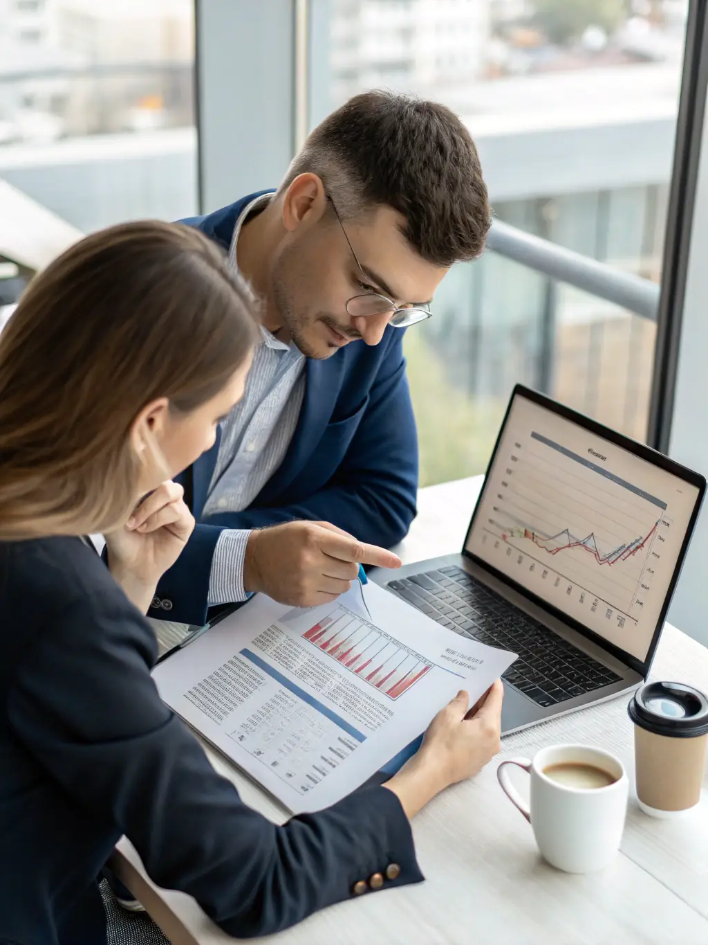 A professional consultant reviewing financial statements with a client in a modern office setting, emphasizing financial planning and analysis.
