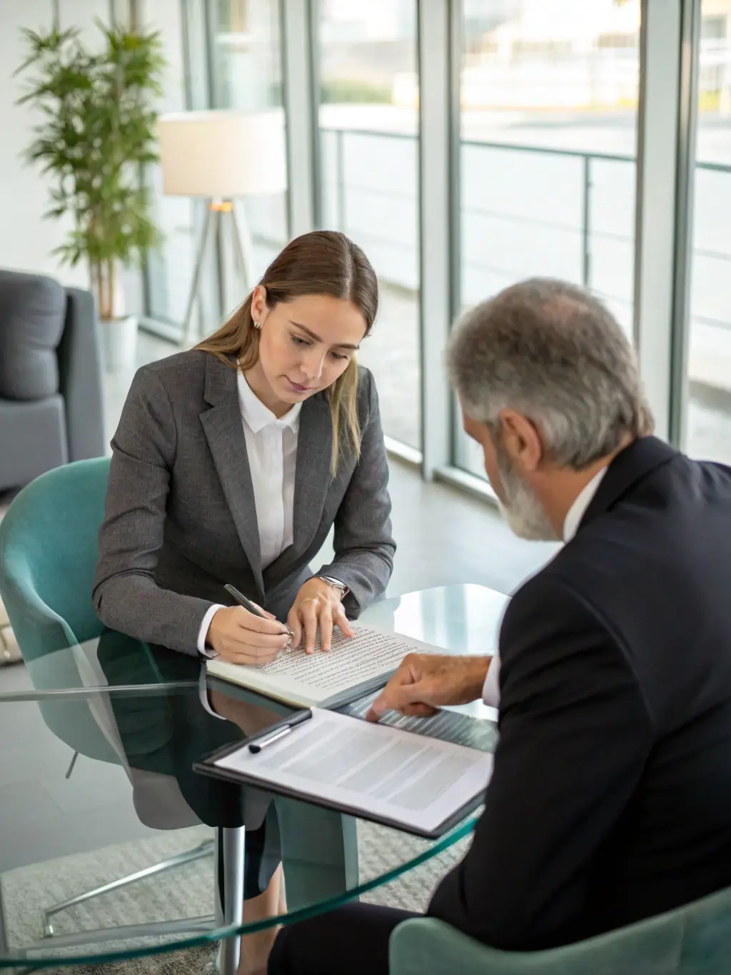 A lawyer advising a business owner on legal compliance matters in a well-lit conference room, highlighting legal compliance guidance.