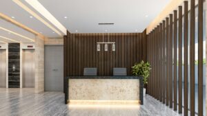 Modern lobby with reception desk and elevators