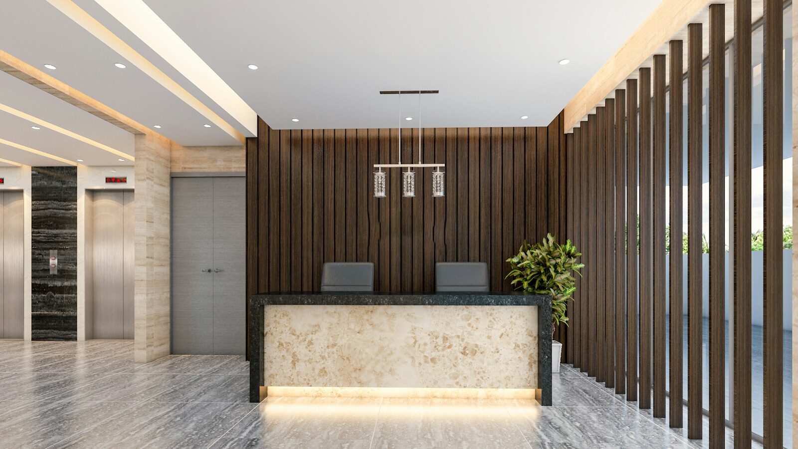 Modern lobby with reception desk and elevators
